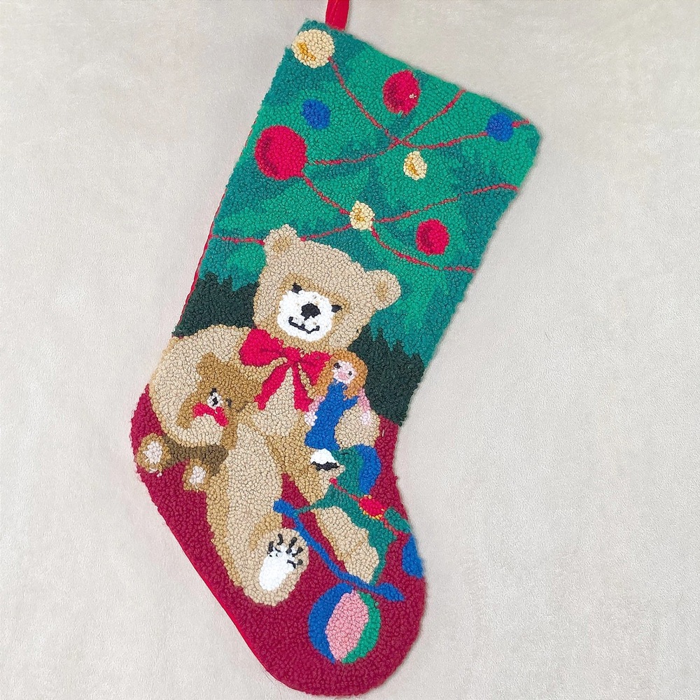 Vintage Hand Hooked Wool Christmas Stocking Teddy Bear Tree Red Green Holiday
